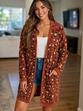 Democracy Rust Leopard Print V neck Button Down / Open Front Cardigan
